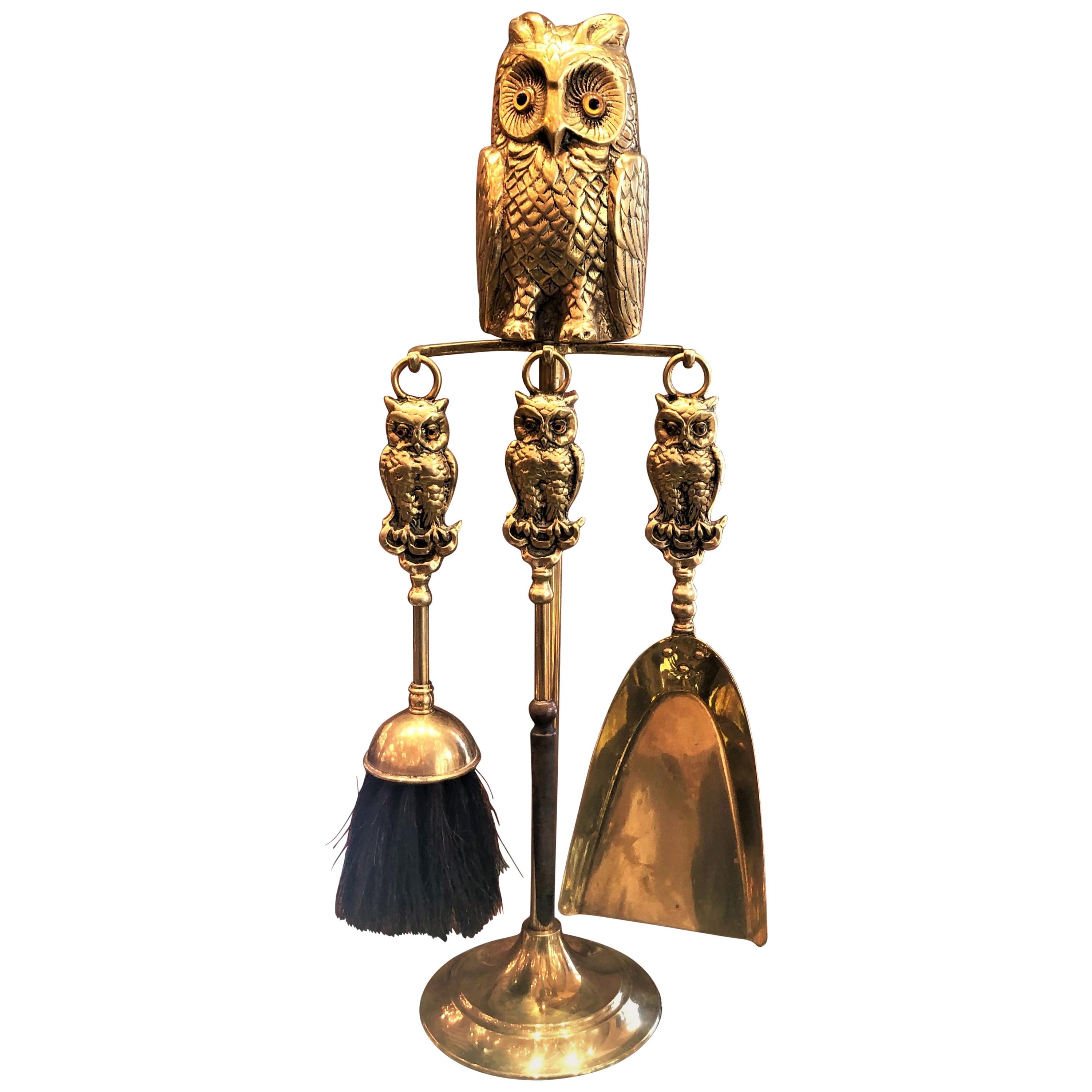 Antique English Brass Figural "Owls" Fireplace Tool Set, circa 1890