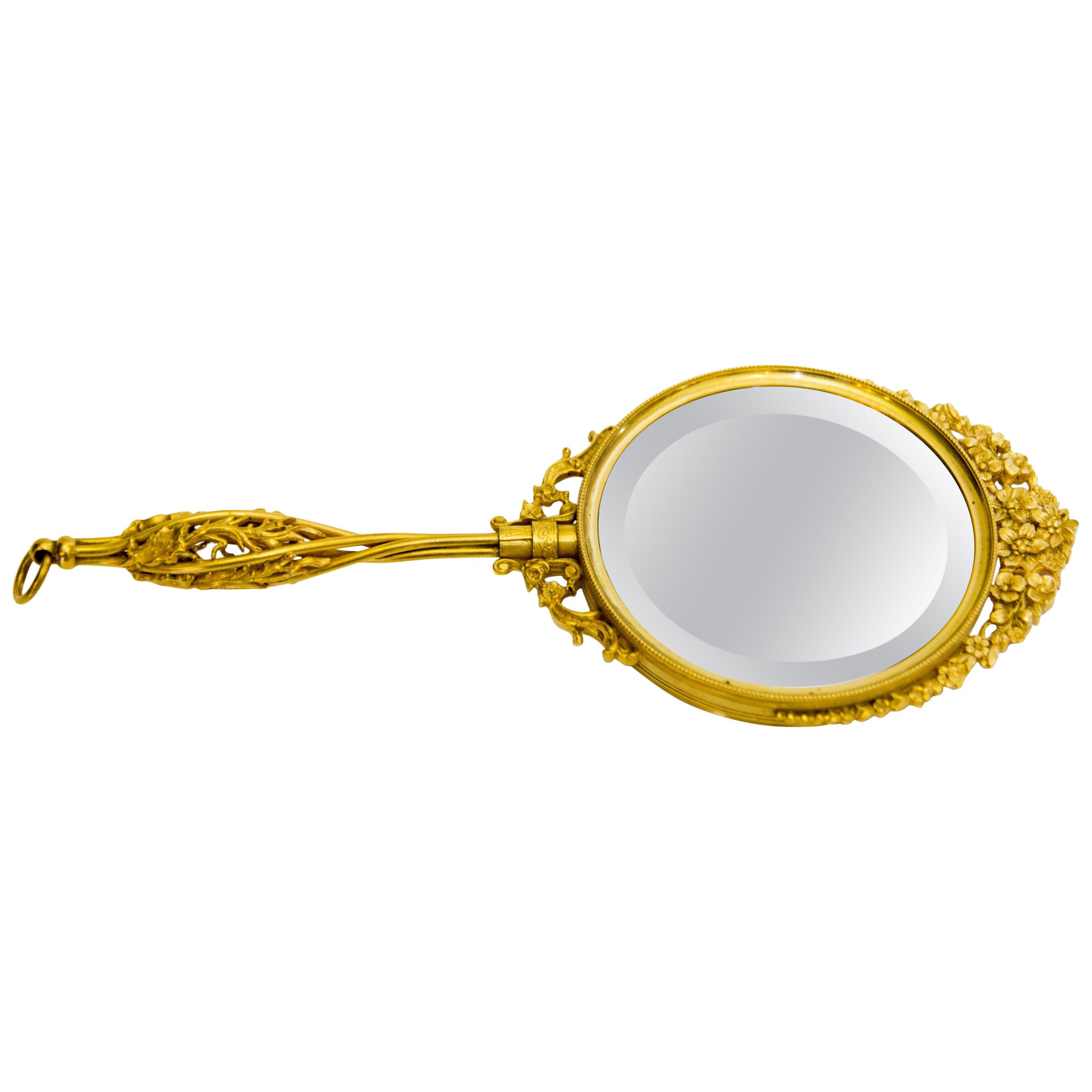French Victorian Style Brass Filigree Hand Mirror