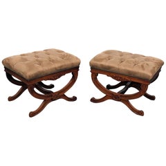 Pair of Carved fruitwood Cerule French Regency Style X Benches