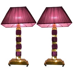 Pair of Plum Color Murano Glass Table Lamps, Brass Fittings, 1950s