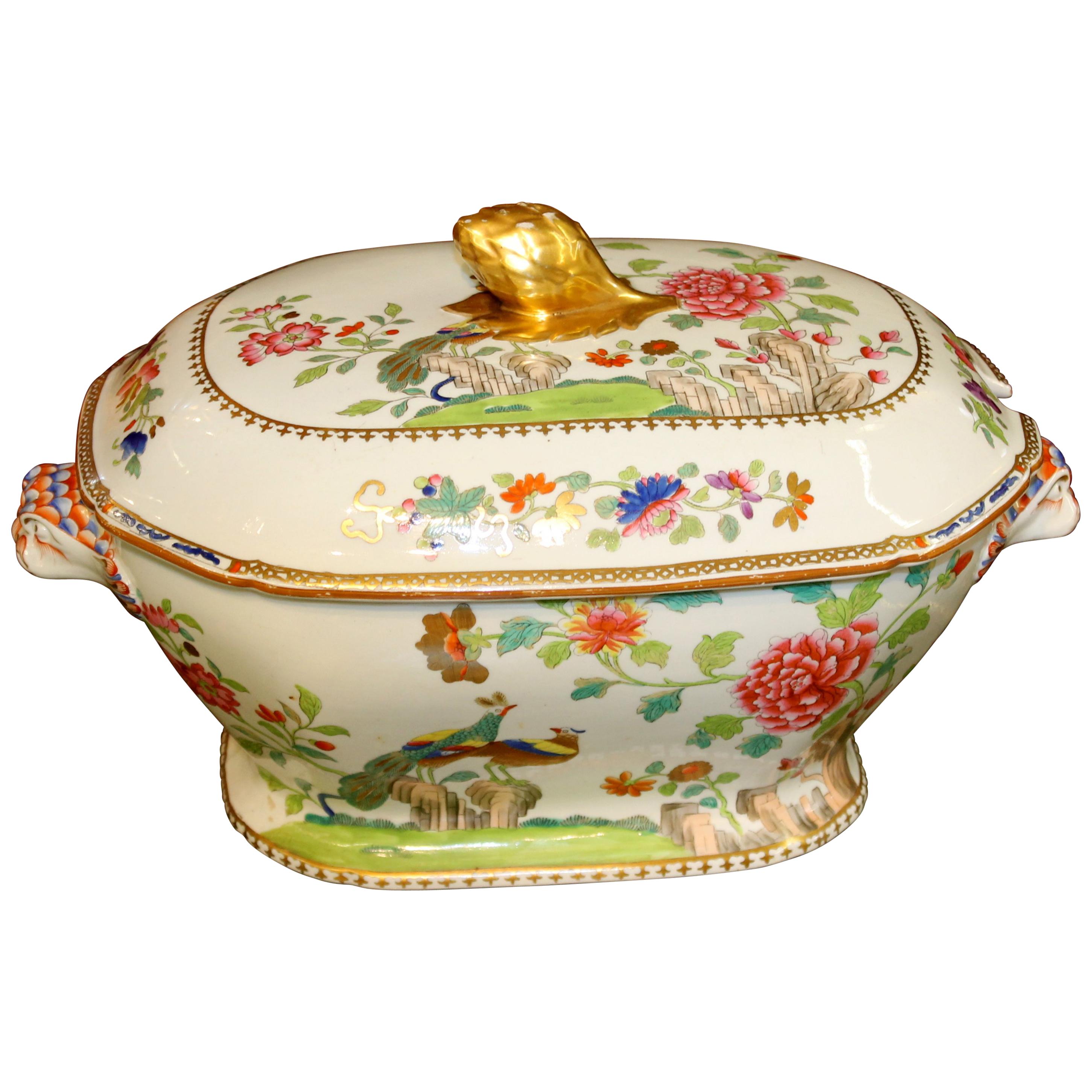 Antique English Early Spode Earthenware "Peacock and Peony" Soup Tureen and Lid