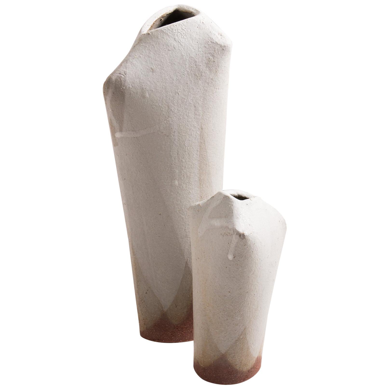 Handmade Matte White Glazed Modern Ceramic Bone Vases, Set of Two For Sale