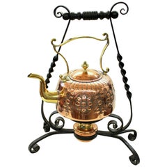 Antique English Hand Chased Copper and Brass Kettle on Wrought Iron Stand