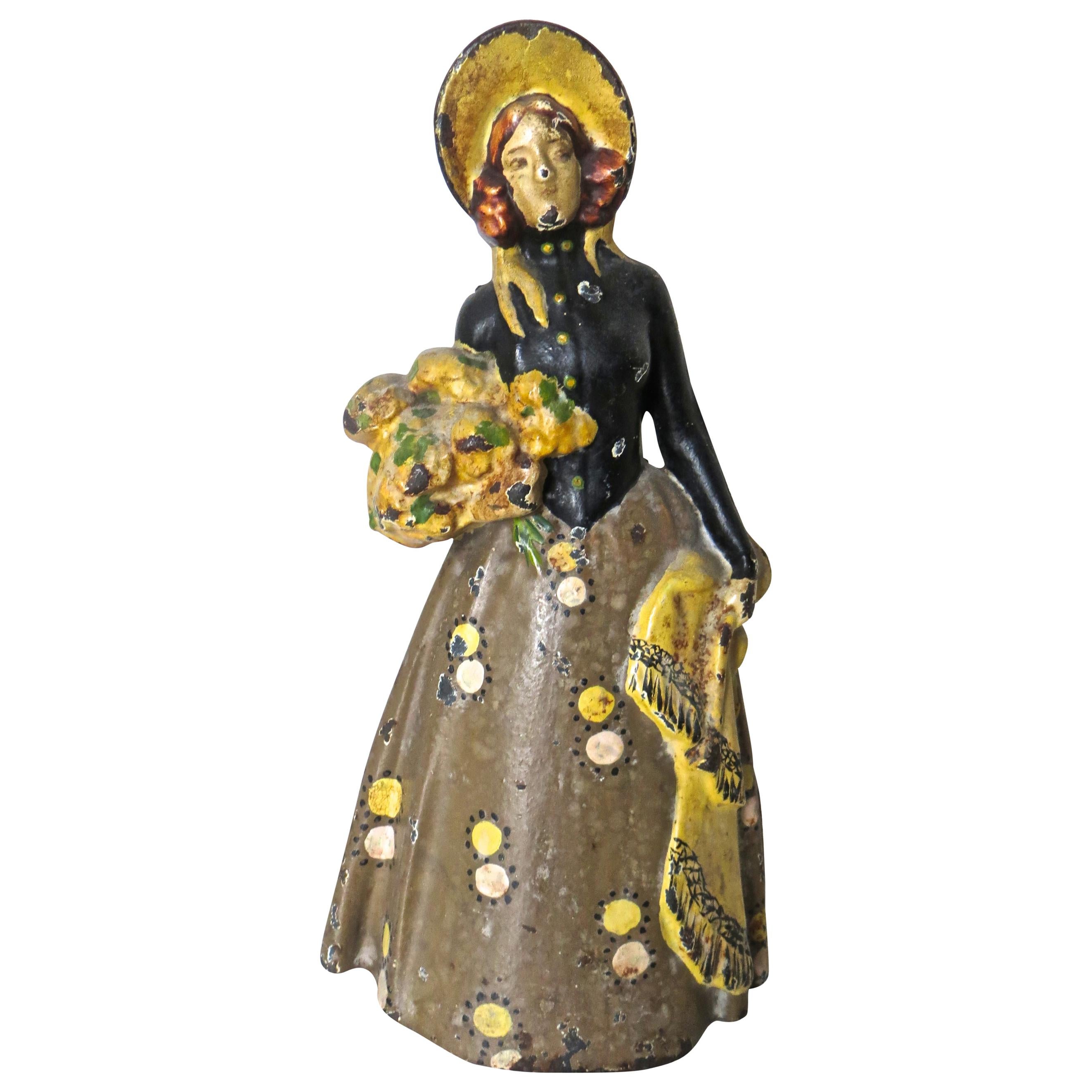 Vintage Cast Iron Doorstop "Lady With Flowers", American, circa 1915 For Sale