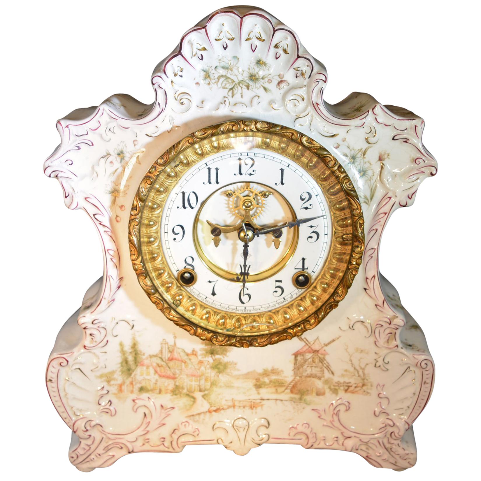 Antique Ansonia Porcelain Mantel Clock with Dutch Countryside Scene