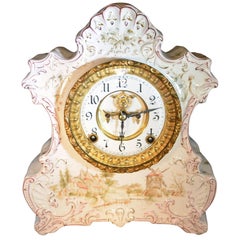 Antique Ansonia Porcelain Mantel Clock with Dutch Countryside Scene