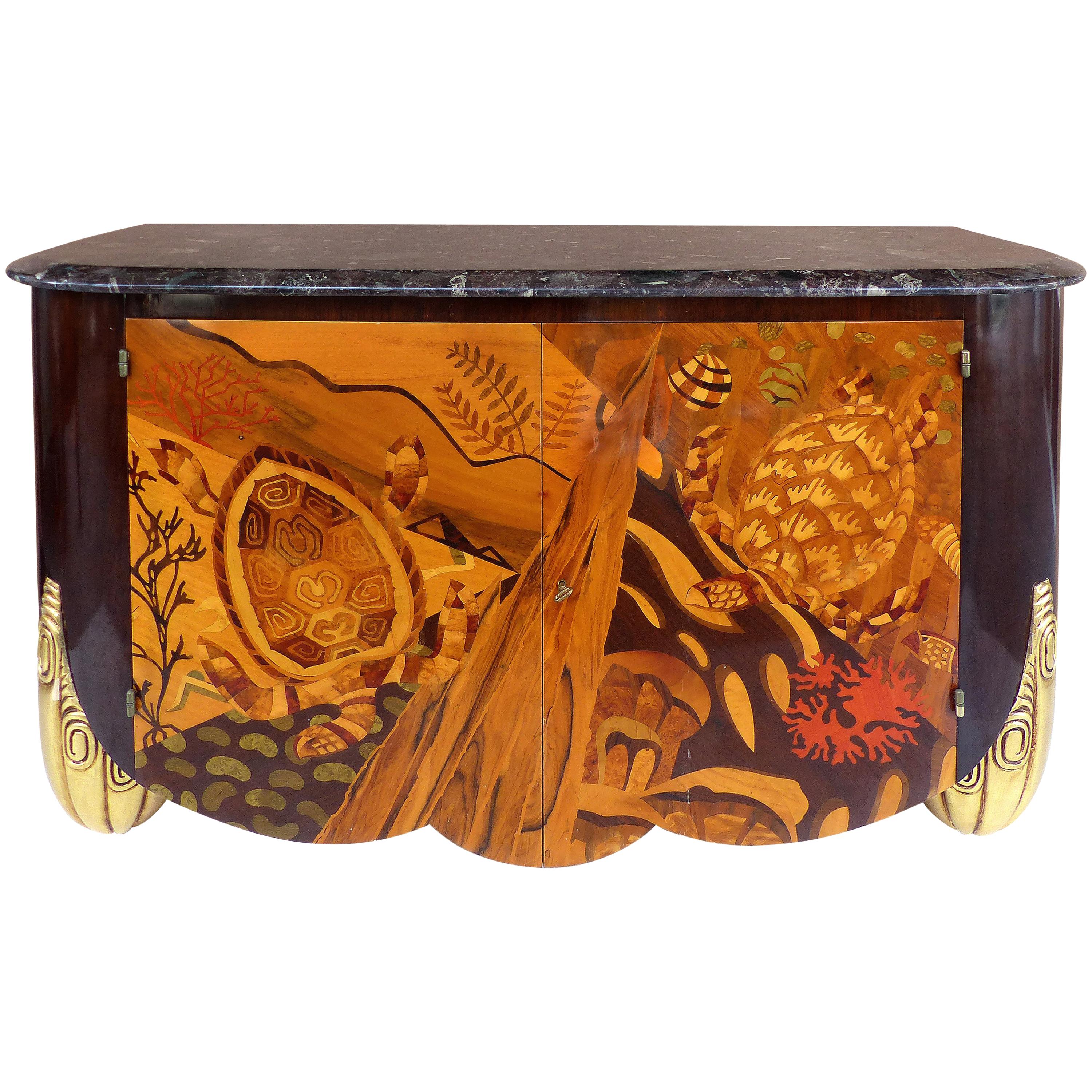 Italian Art Deco Style Marble-Top Cabinet with Marquetry of Sea Turtles