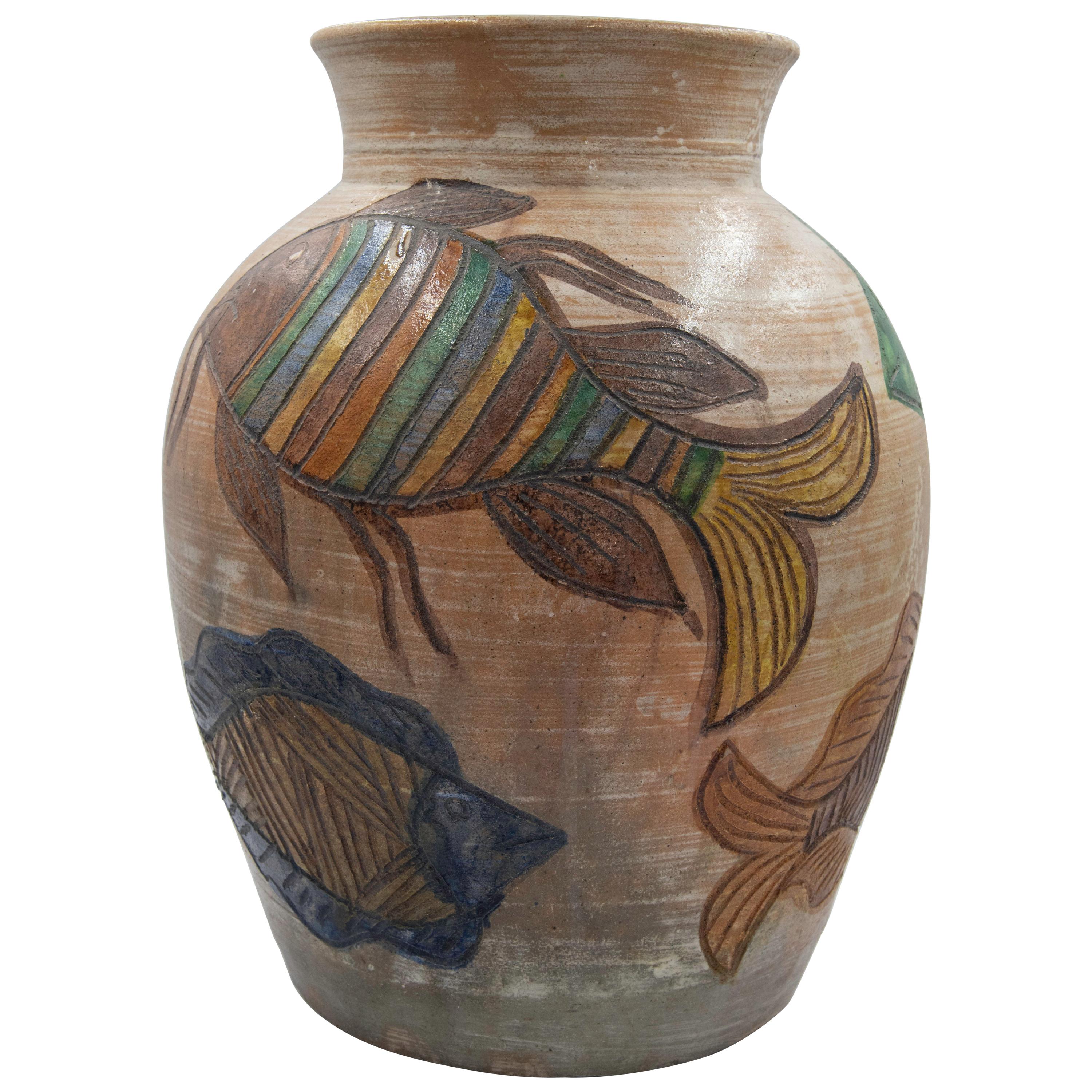 Mexican Ceramic Jug Vase Fishes 1994 Dolores Porras Folk Art Decorative Vessel For Sale