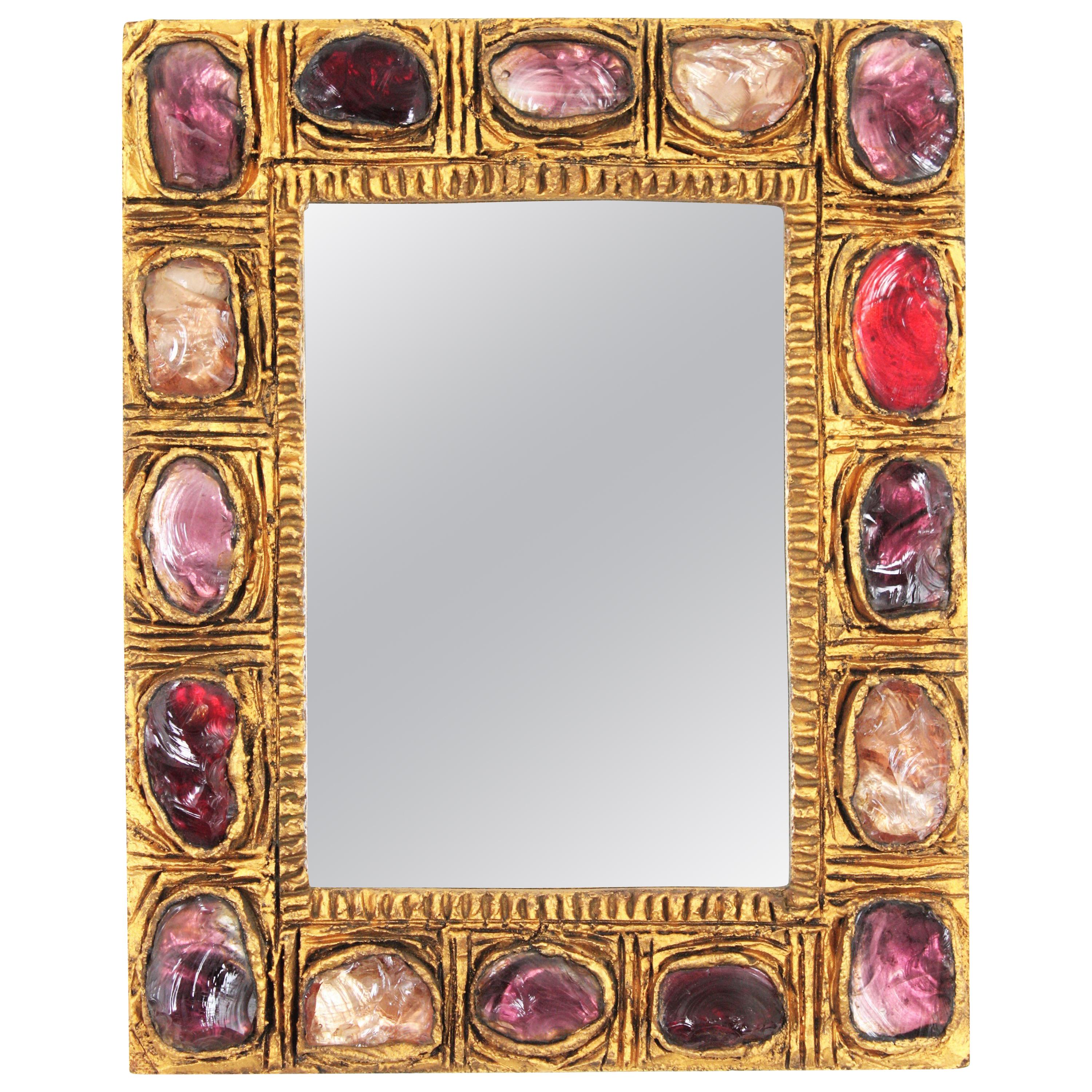 Small Mid-Century Modern Stucco Mirror with Pink, Red and Purple Rock Crystals