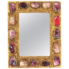 Small Mid-Century Modern Stucco Mirror with Pink, Red and Purple Rock Crystals