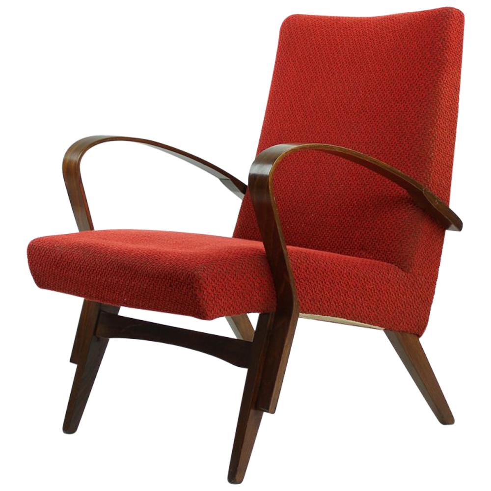 Midcentury Bentwood Armchair in Original Red Fabric, Czechoslovakia, circa 1960 For Sale