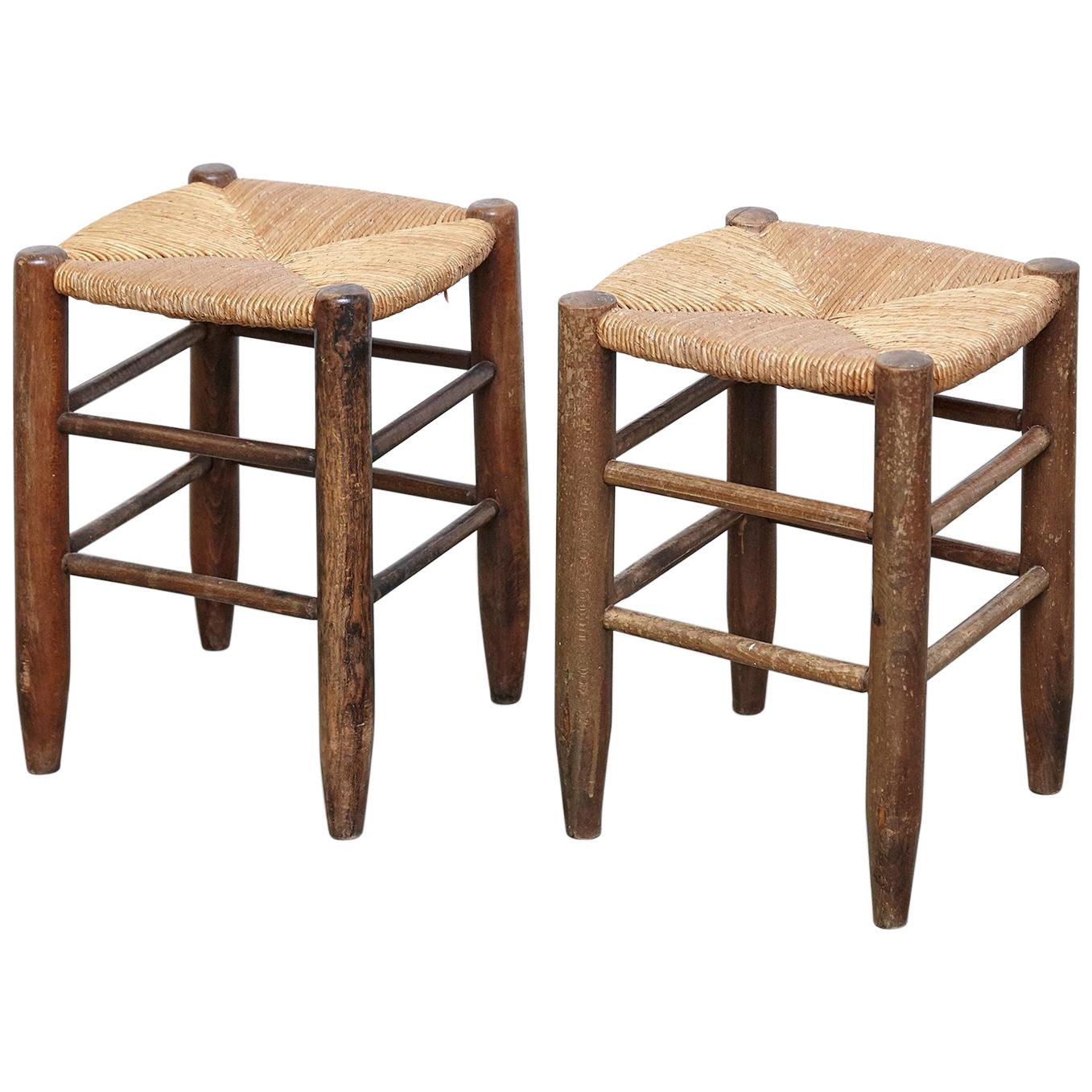Pair of Charlotte Perriand, Mid Century Modern, Rattan Wood French Stools, 1950