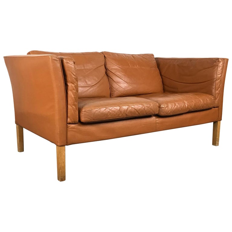 Vintage Mogensen Style 2 Seat Light Tan Brown Leather Sofa Vintage Mogensen Style 2 Seat Light Tan Brown Leather Sofa