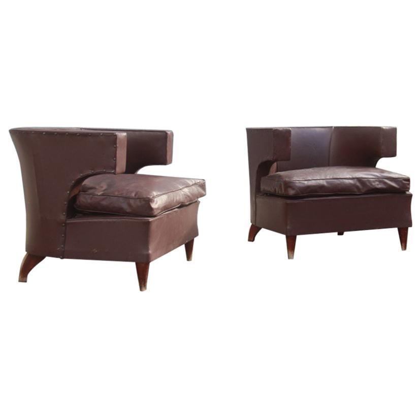 Pair of Lajos Kozma Art Deco Brown Faux Leather Hungarian Armchairs 1930s 