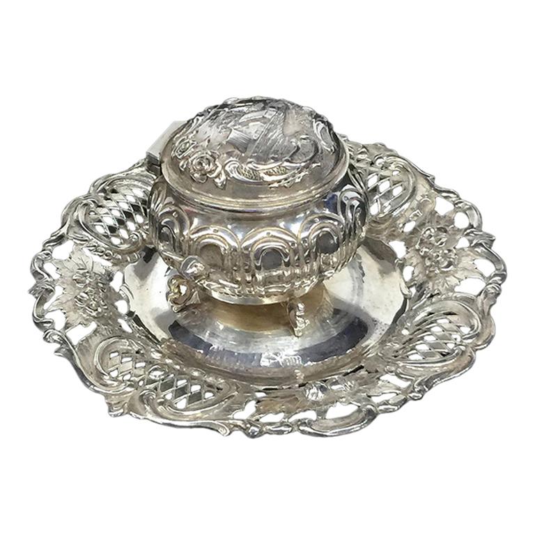 Century Dutch silver Inkwell with a Scene of Houses and a Windmill For Sale