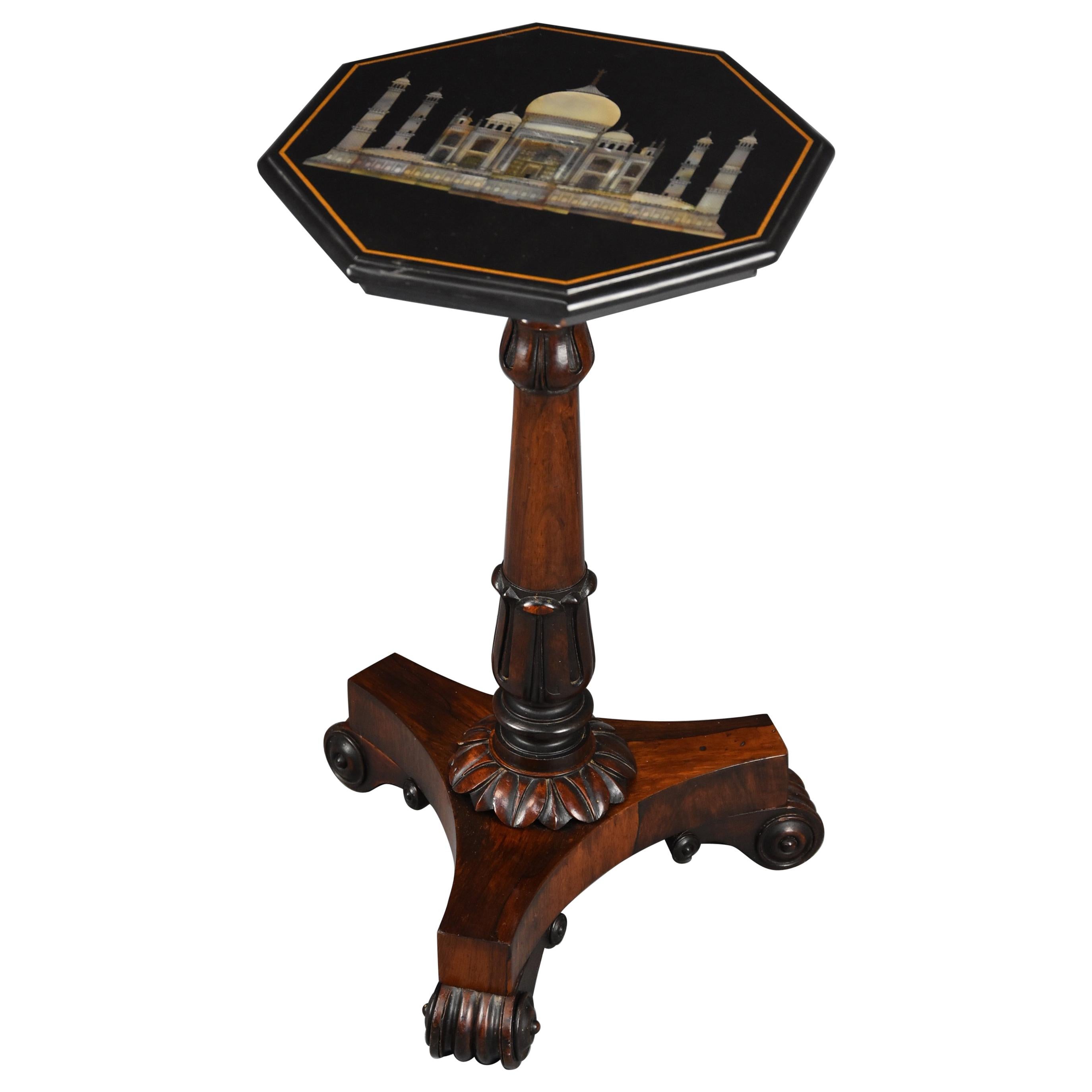 Occasional Table with Octagonal Polished Slate Top with Inlaid Taj Mahal For Sale