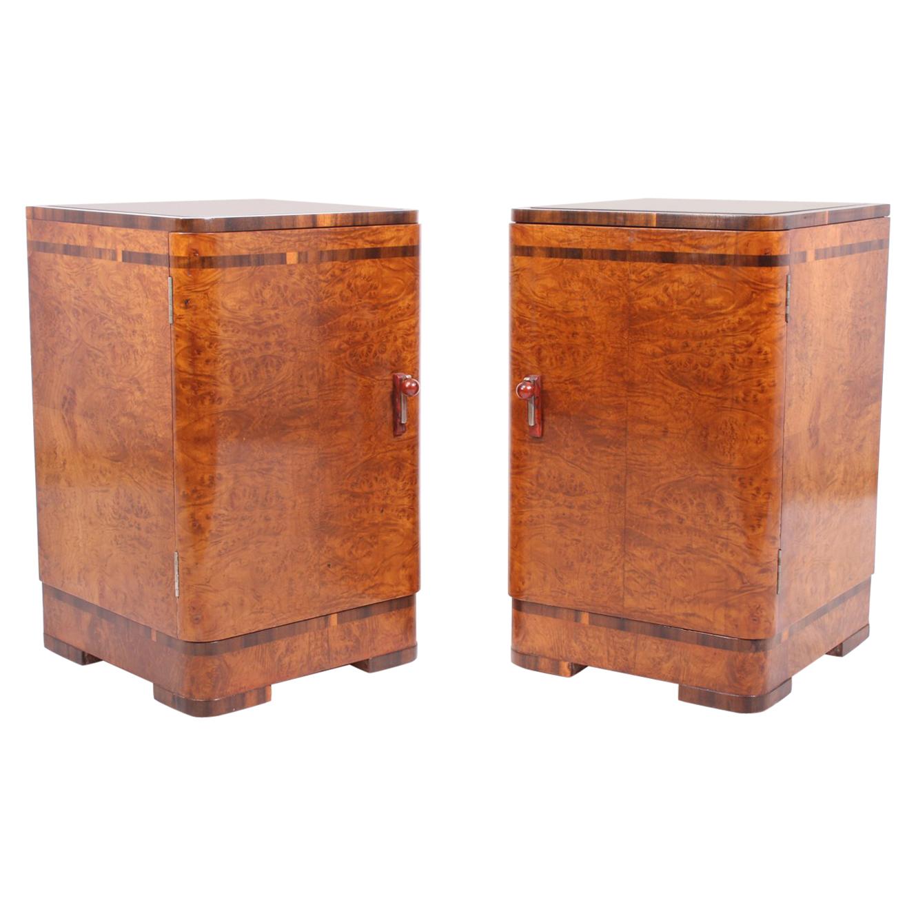 Pair of Art Deco Bedside Cabinets in Burr Maple