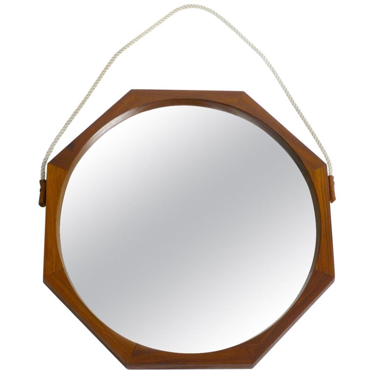 1960s Large Octagon Teak Wall Mirror With Thick Natural Fiber Rope 1960s Large Octagon Teak Wall Mirror