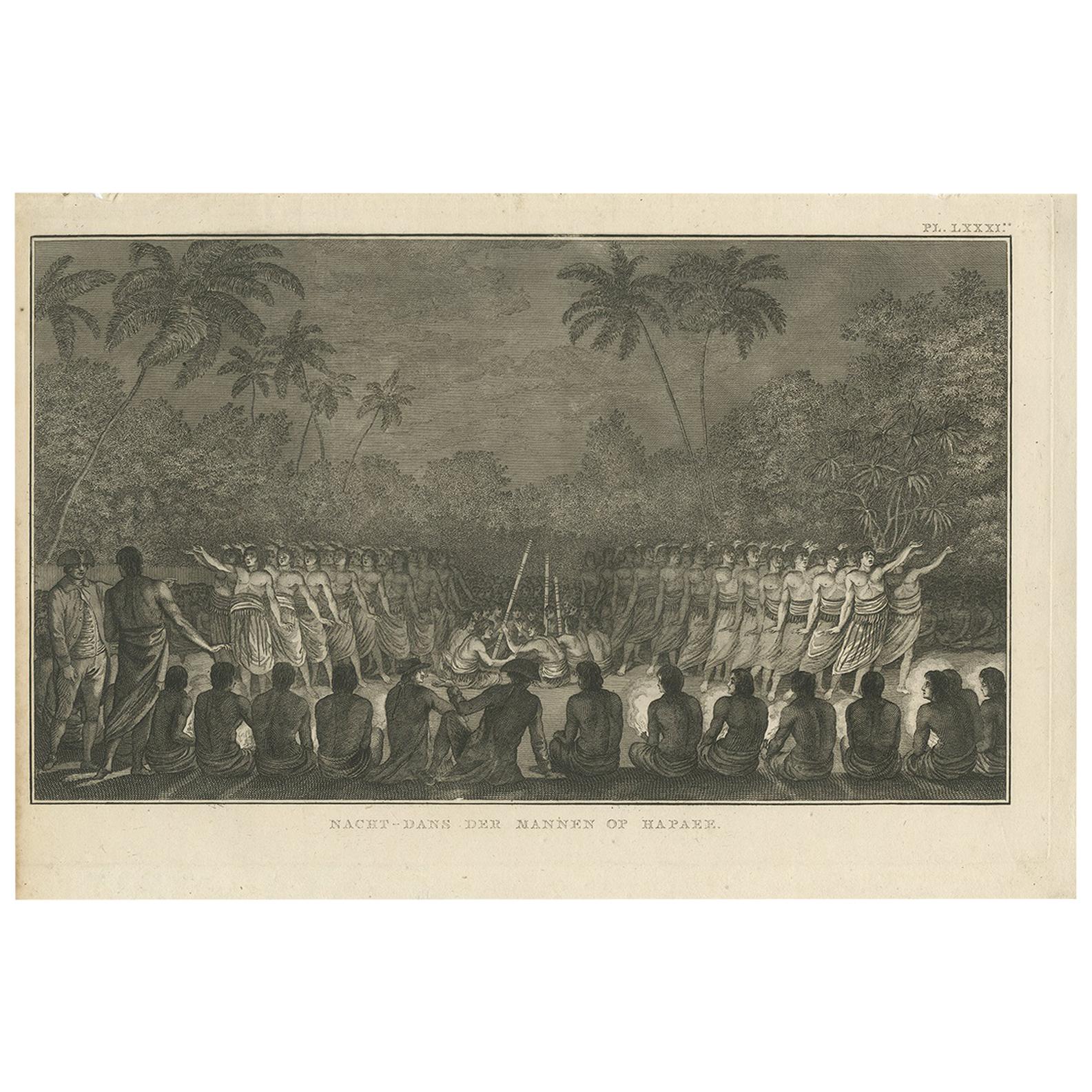 Antique Print of a Night Dance by Men from Hapaee by Cook, 1803