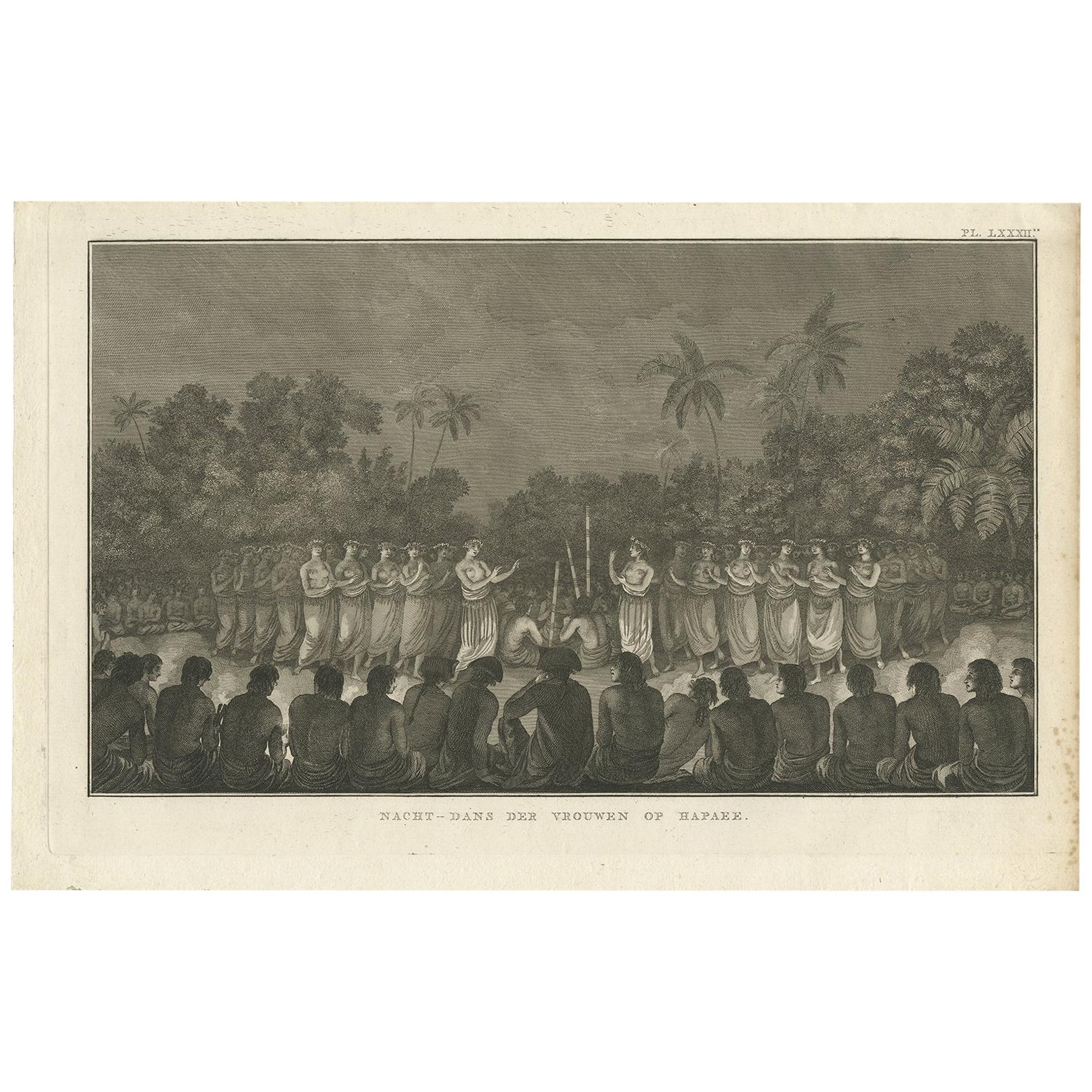 Impression ancienne d'une danse de nuit par des femmes de Hapaee par Cook, 1803