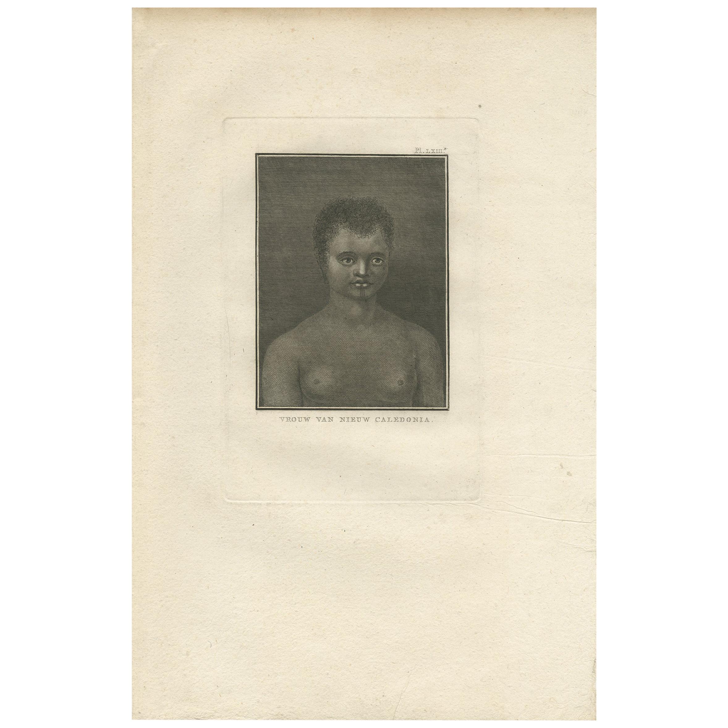 Grabado antiguo de una mujer de Nueva Caledonia por Cook, 1803