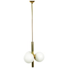 Unused 1960s Kaiser Brass Ceiling Lamp with 3 Opaline Glass Globes