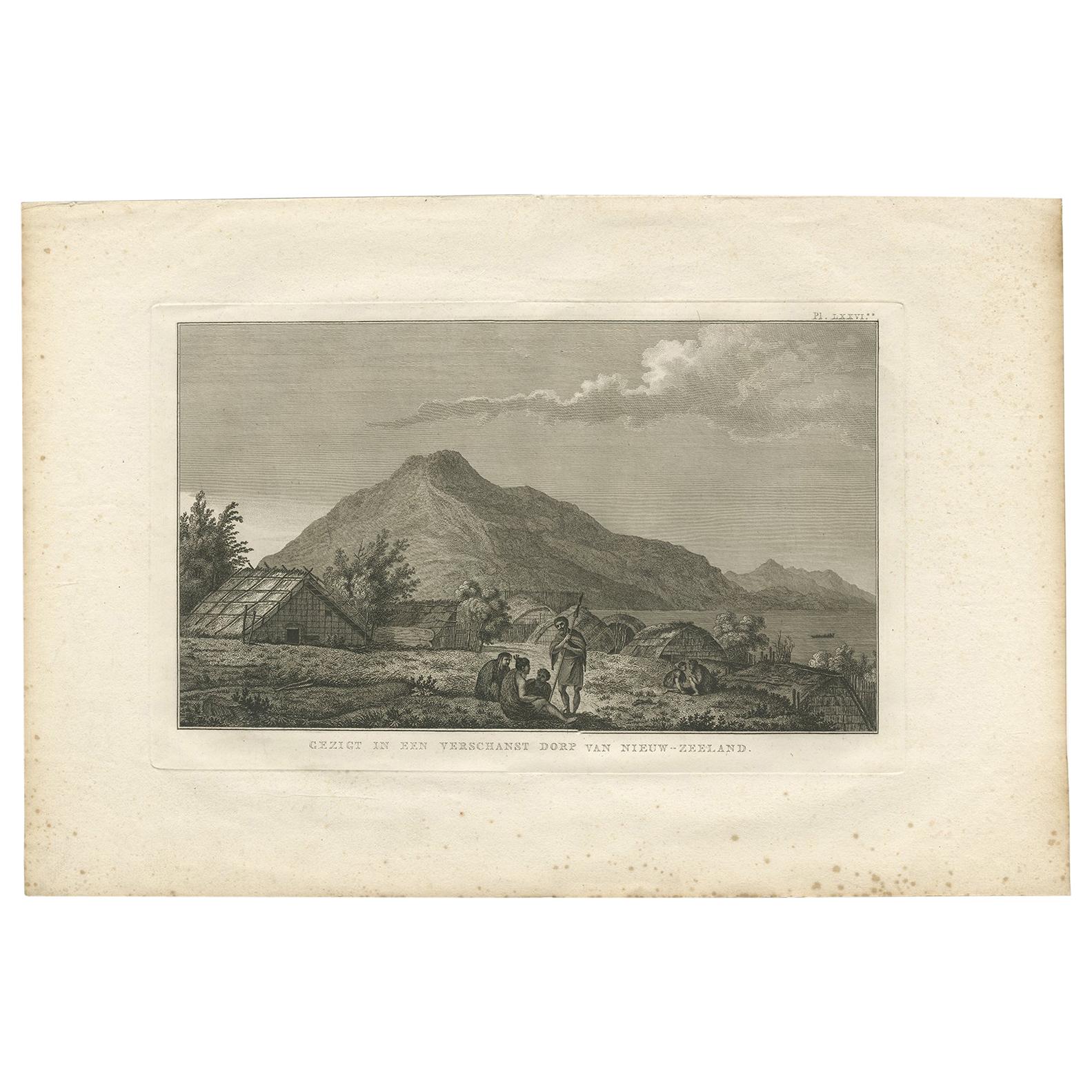 Antique Print of a Village in New Zealand by Cook, 1803 For Sale