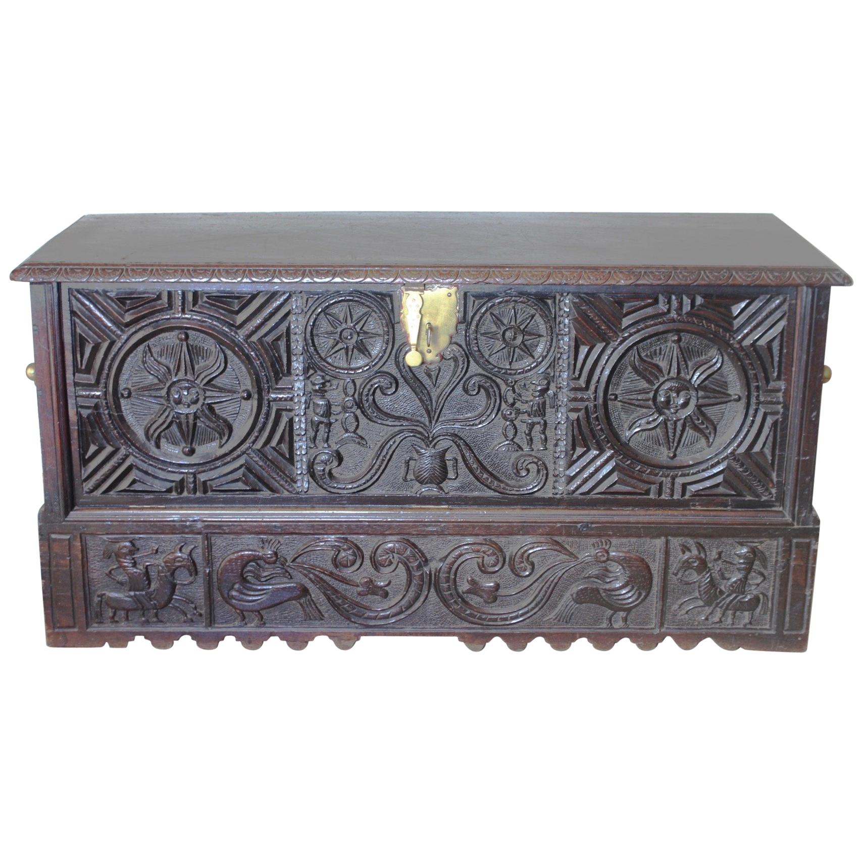 Antique Spanish Country Basque Hand Carved Chest or "Kutxa" For Sale