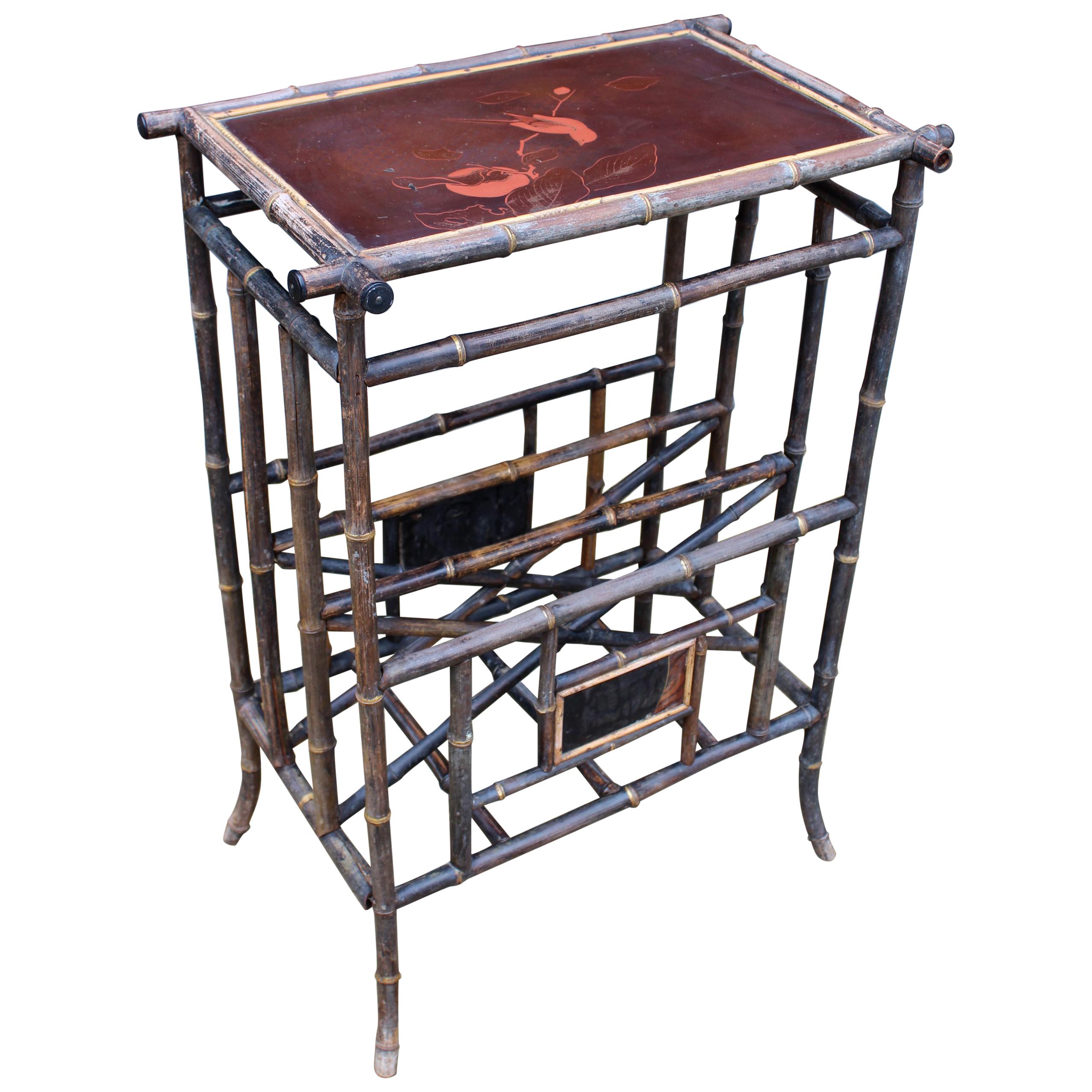 1950s Lacquer Decorated English Bamboo Side Table with Magazine Holder