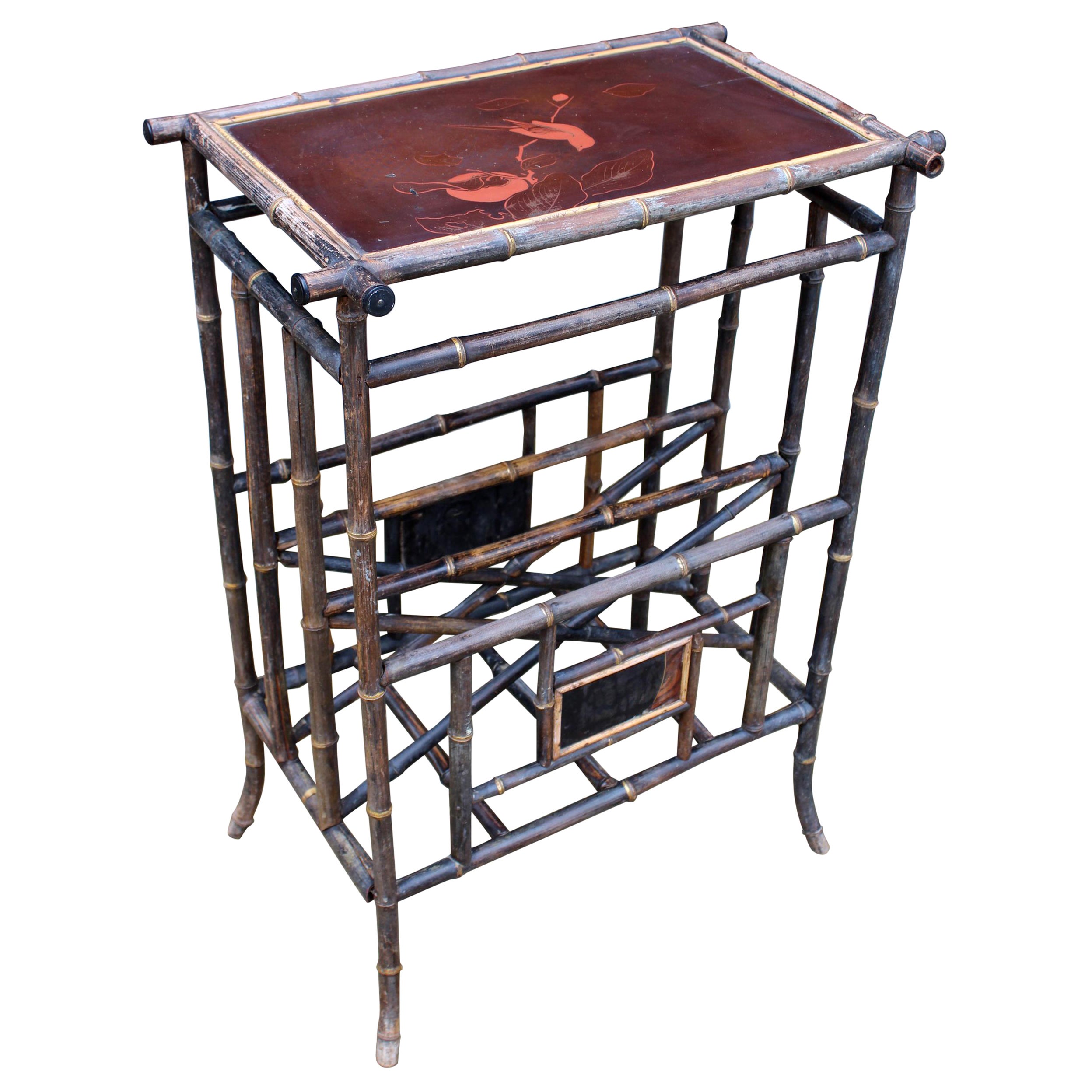 1950s, Lacquer Decorated English Bamboo Side Table with Magazine Holder