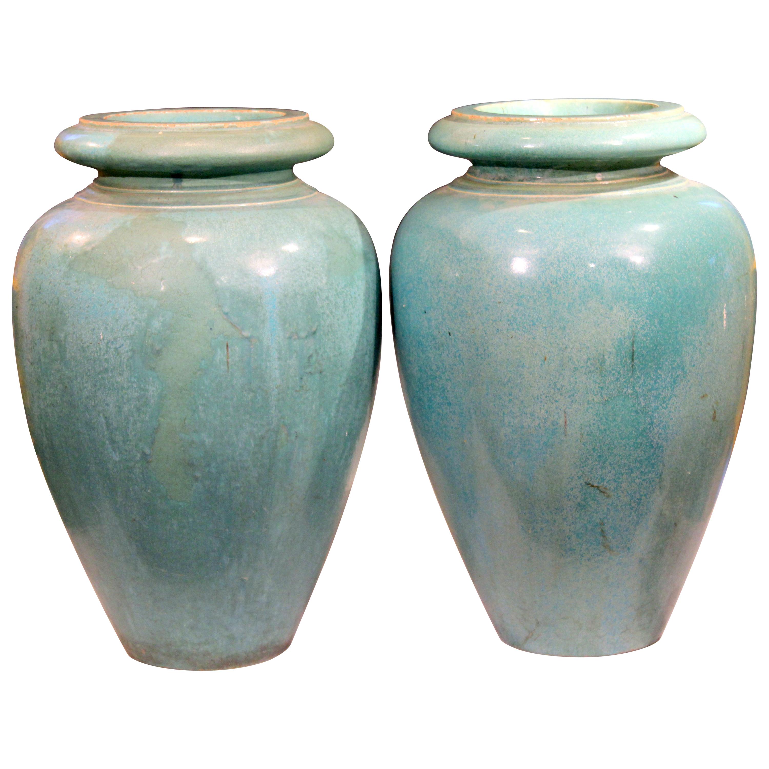 Large Pair of Galloway Terracotta Company Pottery Turquoise Urns Vases For Sale