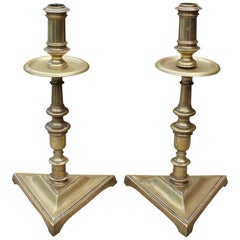 19th Century Pair of Spanish Bronze Candleholders with Triangular Base