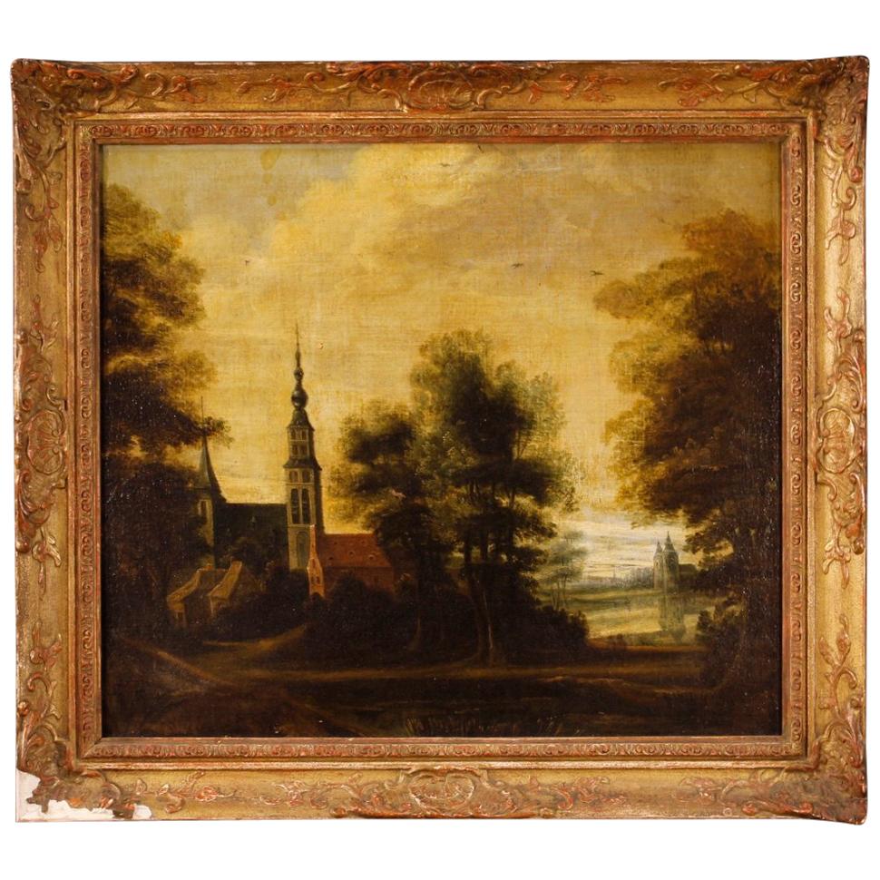 19th Century Oil on Canvas Dutch Landscape with Architecture Painting, 1850