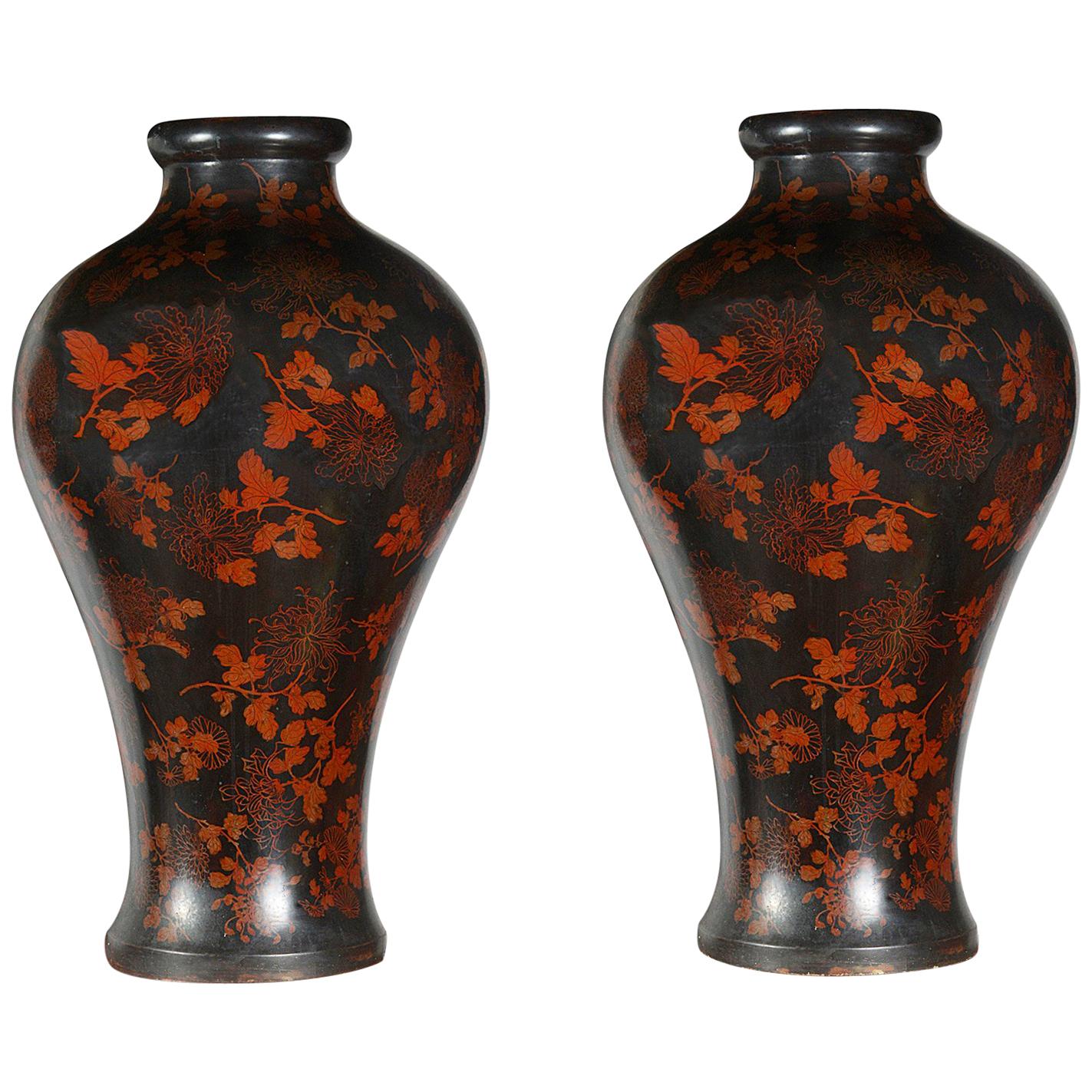 Vases Tall Pair of Japanese 19th Century Black and White Japan For Sale
