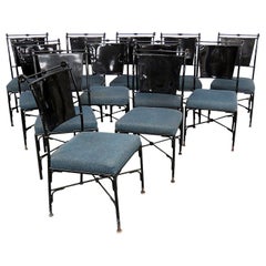 Vintage Set of 10 French Regency Ebonized Metal Dining Side Chairs