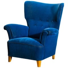 1930-1940 Scandinavian Royal Blue Velvet Wingback Chair