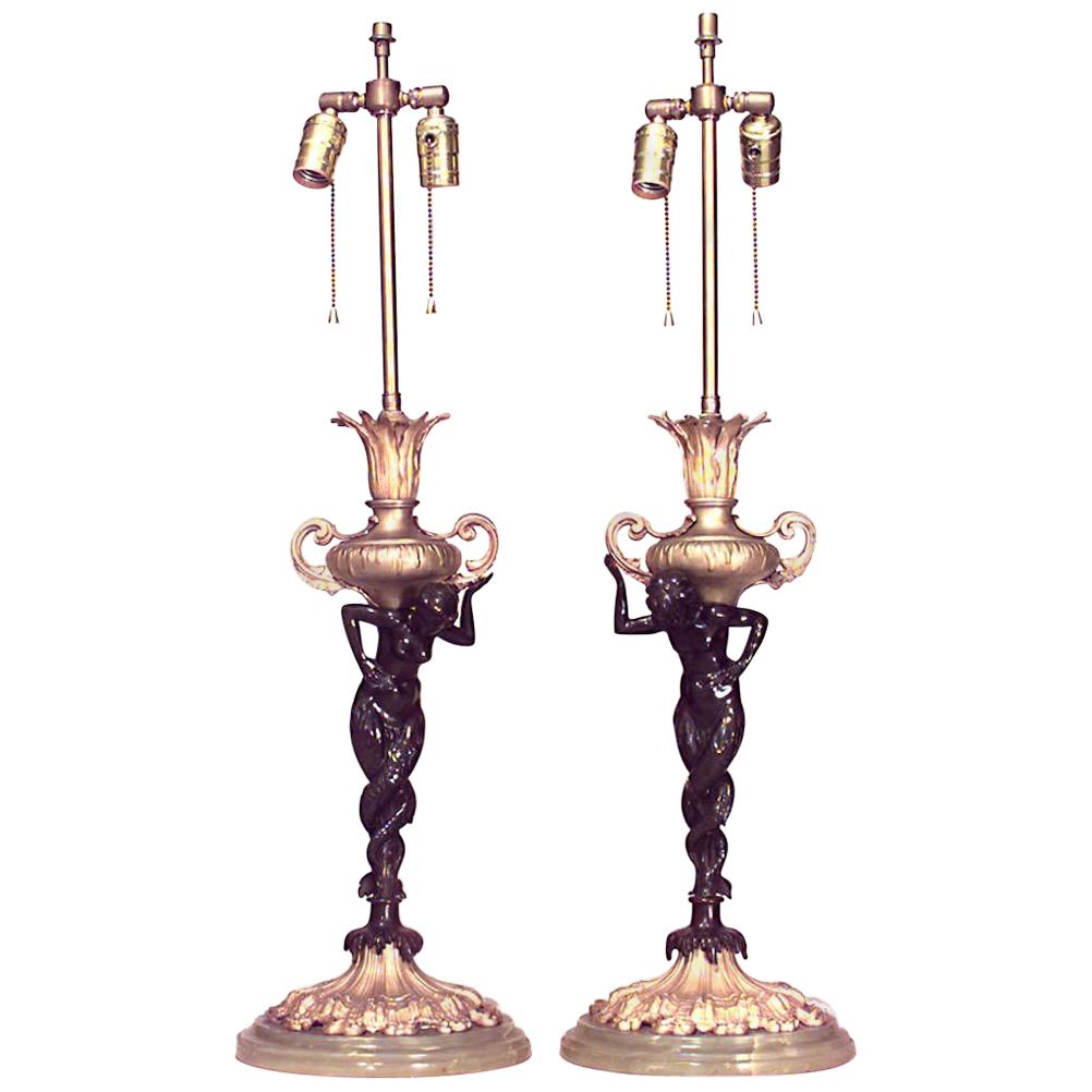 Französische viktorianische Bronze-Tischlampen, Paar im Angebot