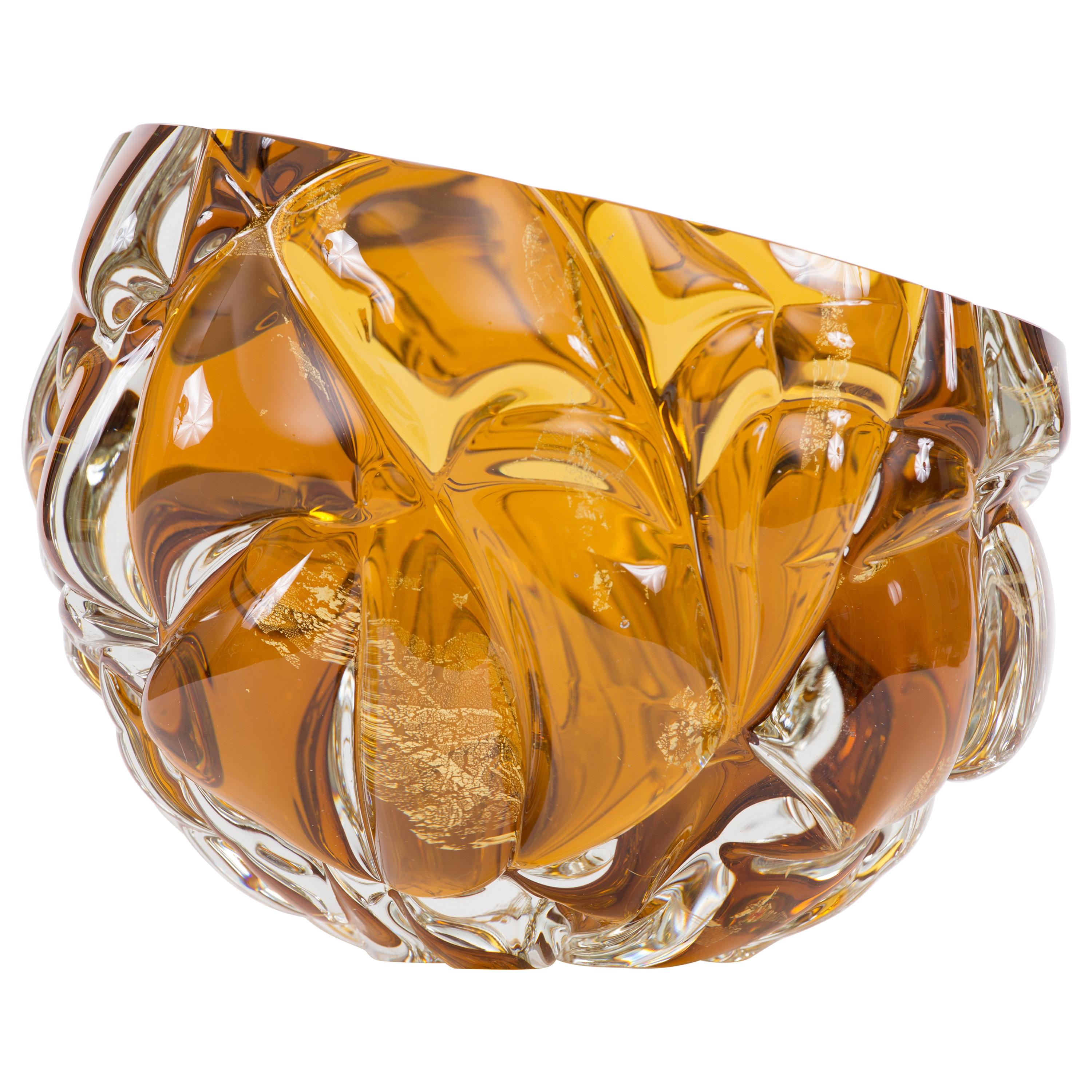 Modern Handmade Amber Glass and Gold Leaf 'Cut' Vase Made in Brooklyn For Sale