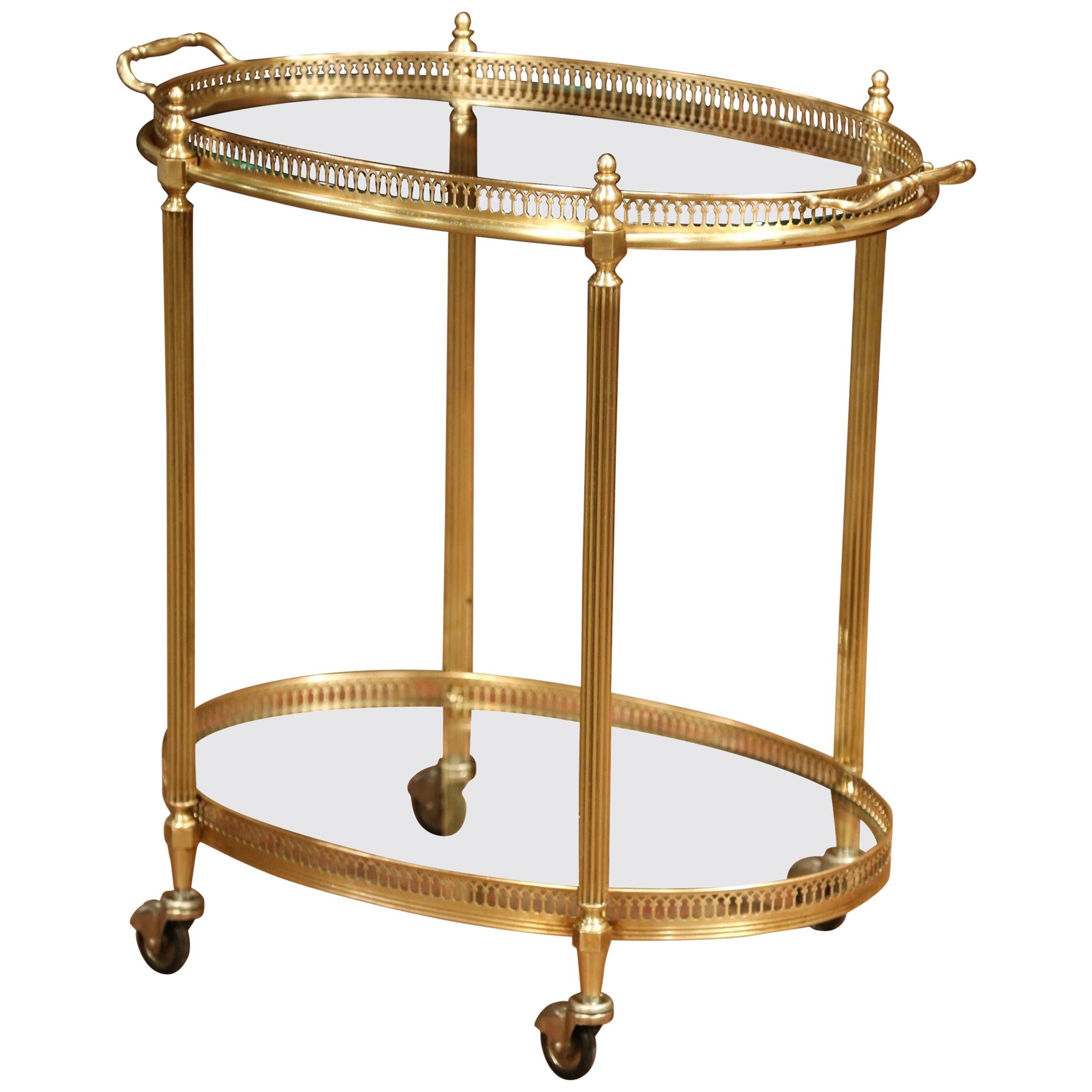Early 20th Century, French Polished Brass Dessert Table or Bar Cart on Wheels