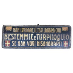 1920s Remarkable Antique Italian Moral Sign in Tin on a Wooden Board
