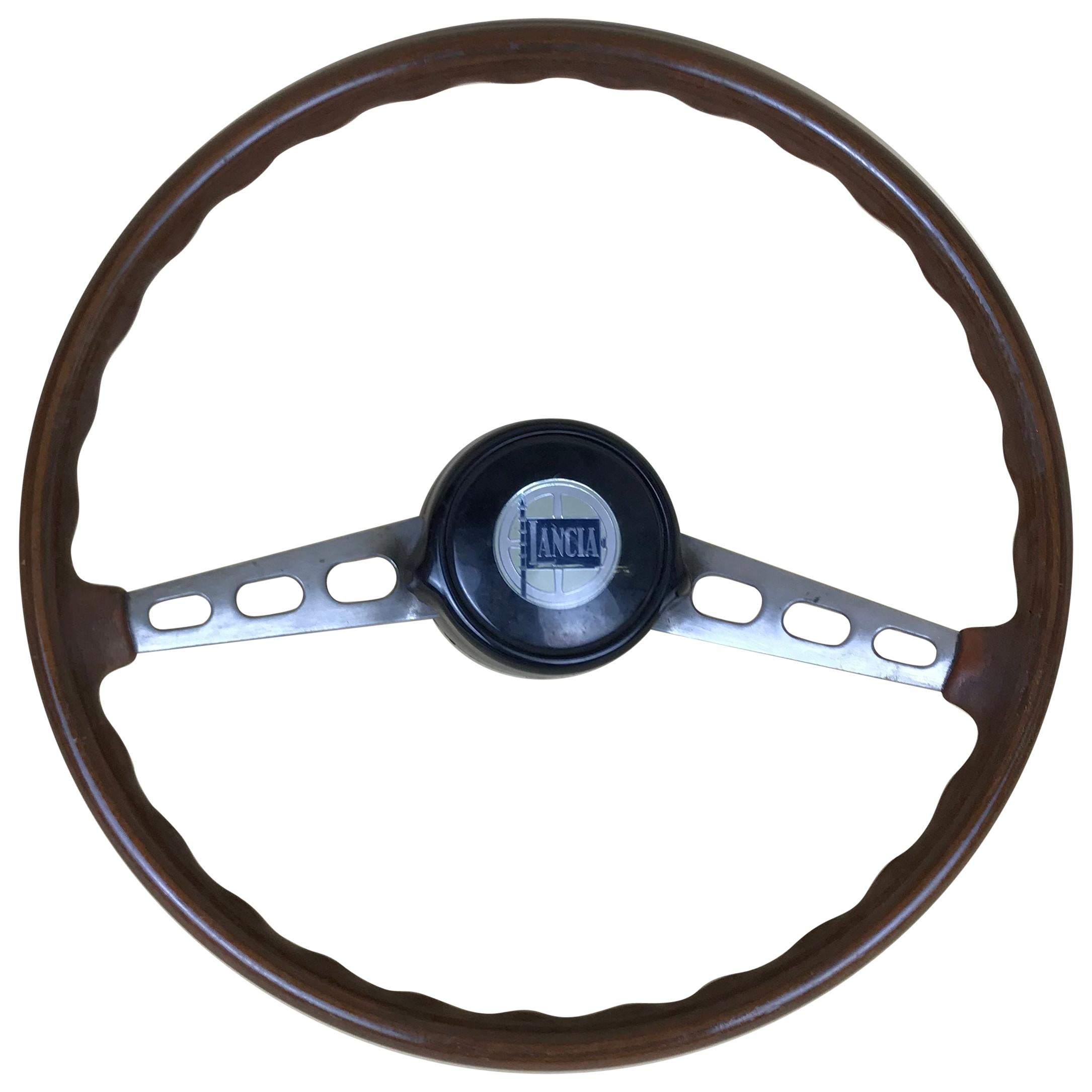 1960s Vintage Wooden and Metal Lancia Steering Wheel Made in Italy For Sale
