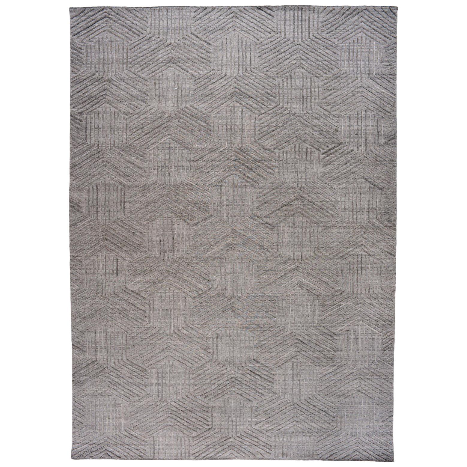 Silver Geometric Shapes Wool Rug For Sale