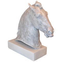 Signed Plaster Horse Head Sculpture on Wooden Base, 1961