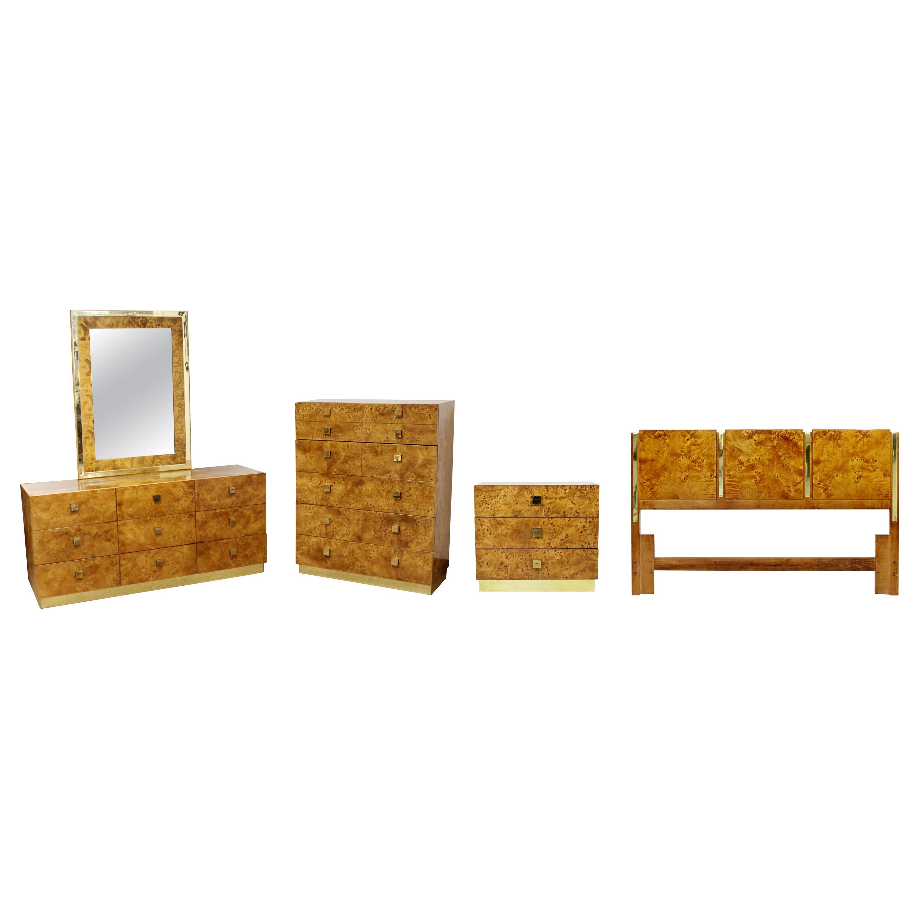 Mid-Century Modern Baughman for Founders Burl Wood Brass 4-Piece Bedroom Set