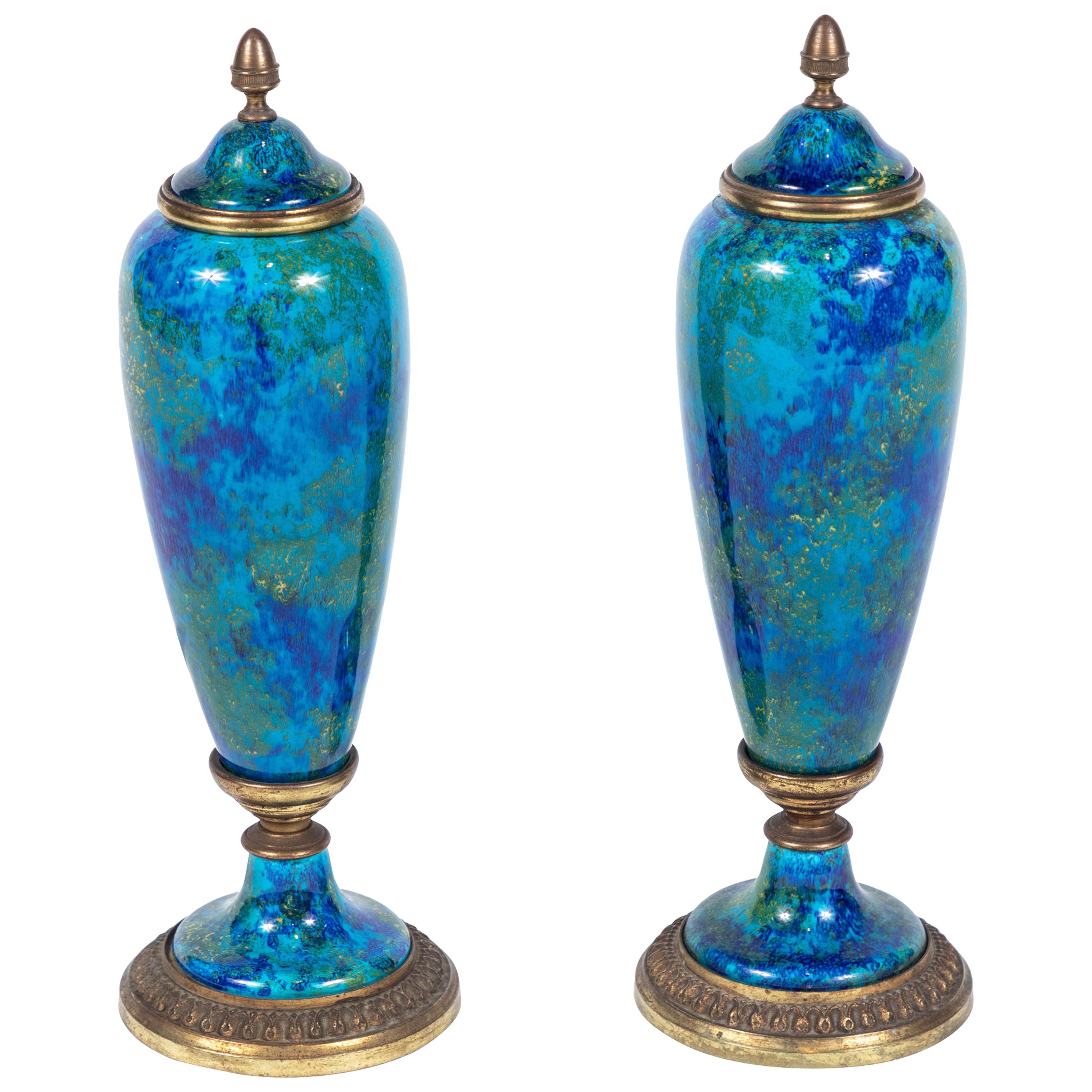 Petite, Turquoise, Porcelain Urns, circa 1910 For Sale