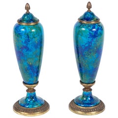 Antique Petite, Turquoise, Porcelain Urns, circa 1910