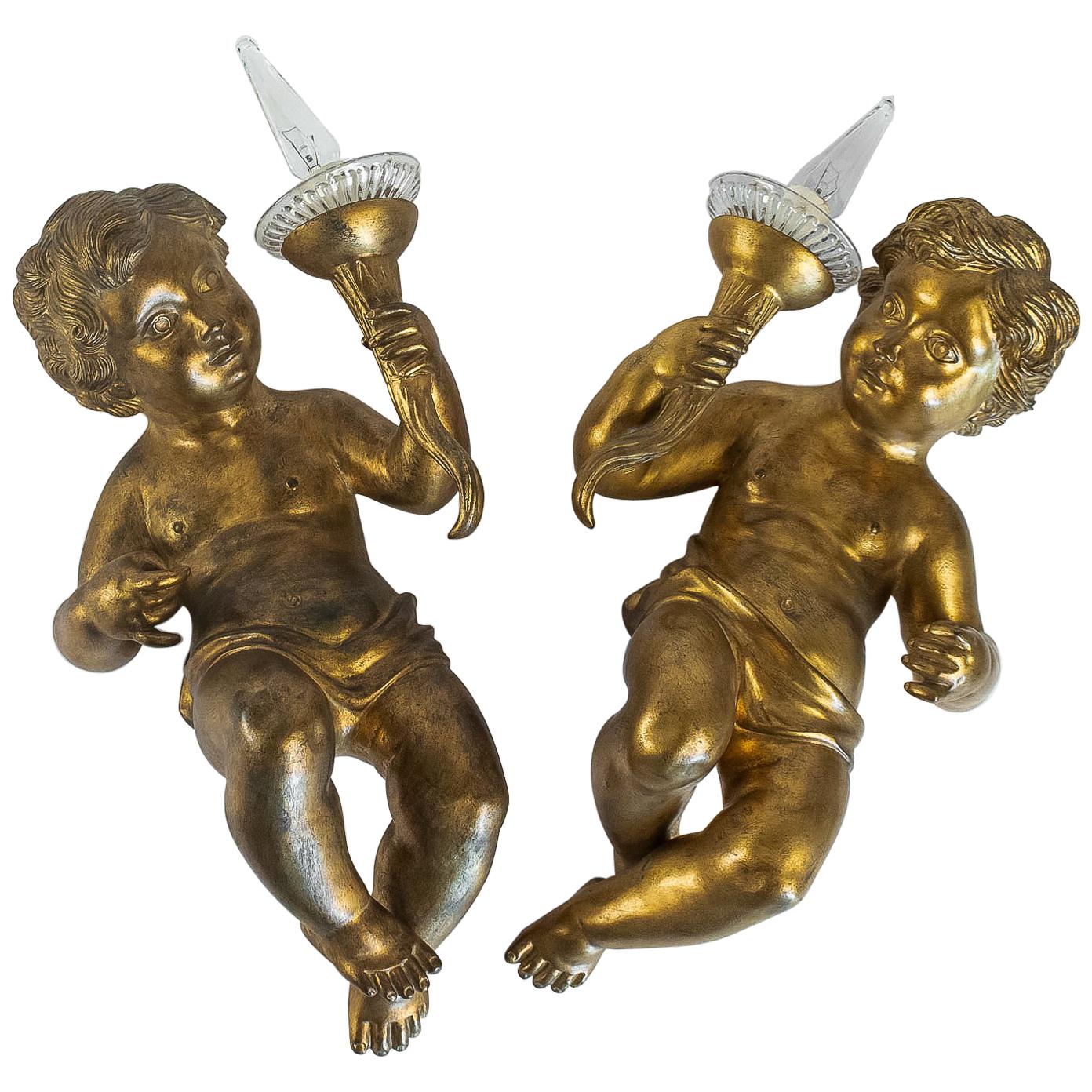 Italian Pair of Louis XV Style Figural Putti Sconces For Sale