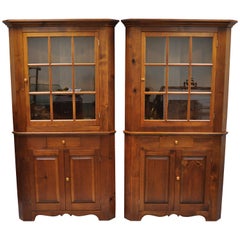 Vintage Pair of Pine Wood Colonial Style Corner Cupboard China Cabinets by Tom Seely