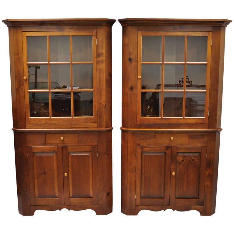 Pair Of Pine Wood Colonial Style Corner Cupboard China Cabinets By