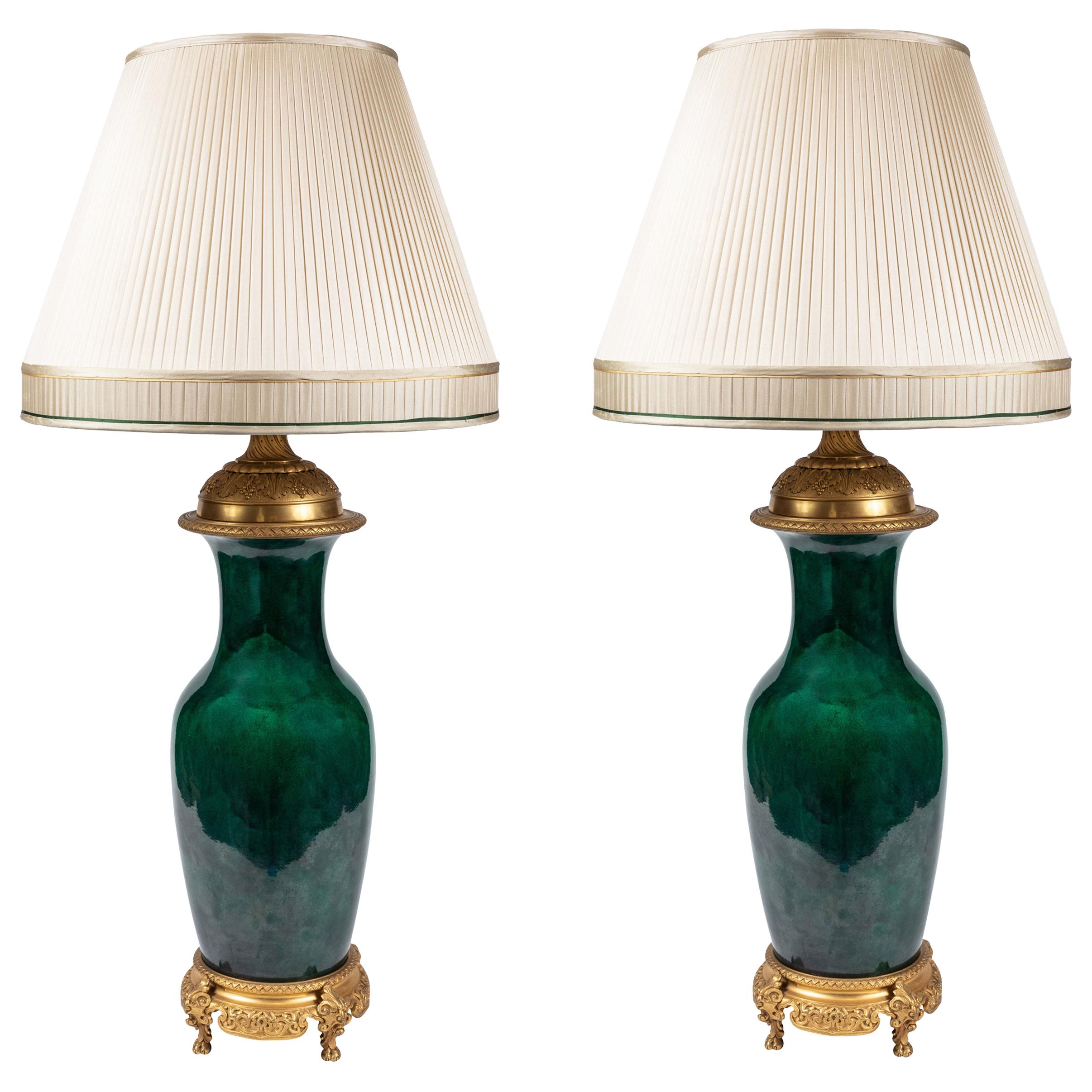 Pair of Large, 19th Century, Green, Glazed French Lamps